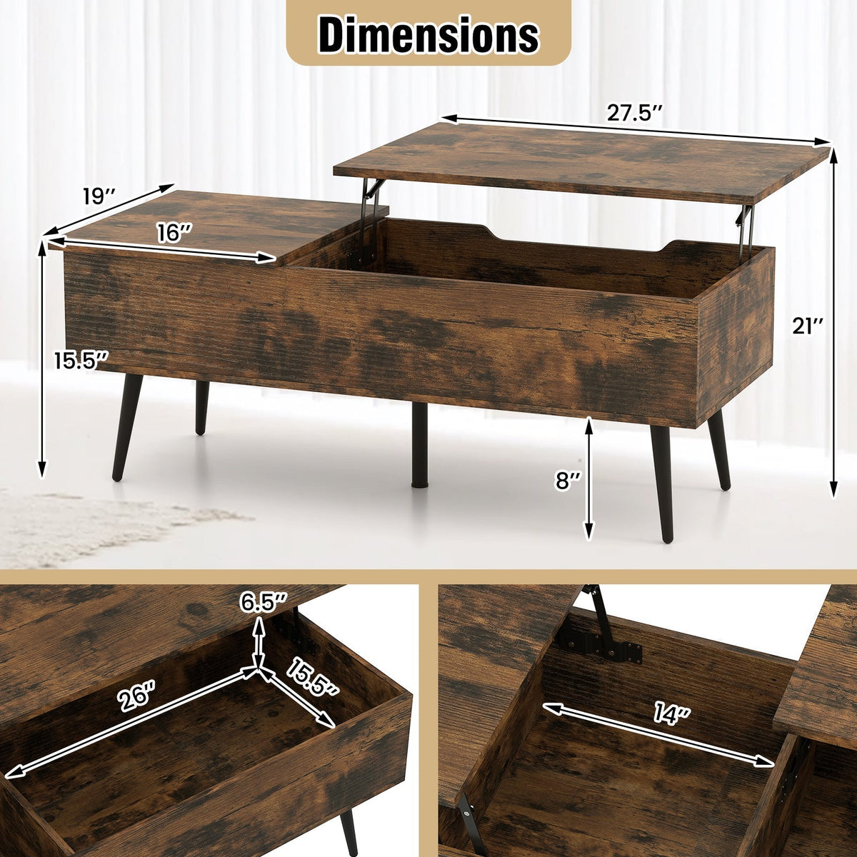 47 Inch Lift Top Coffee Table with 2 Hidden Compartments