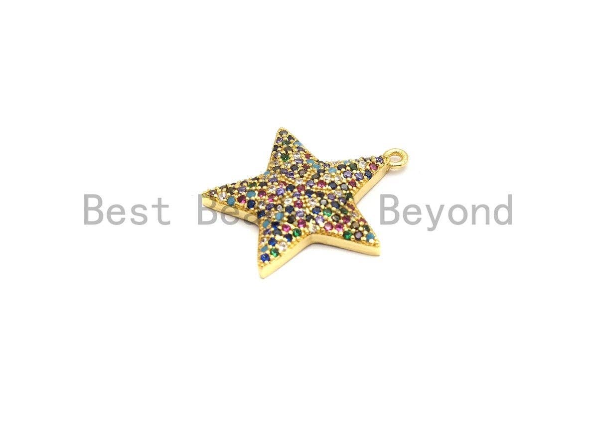 Multi-Color CZ Micro Pave Five Star Pendant, Star Shaped Pave Pendant, Gold plated, 23x24mm, Sku#B108