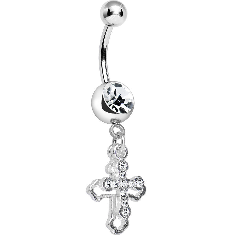 Clear Gem Hollow Cross Charm Double Dangle Belly Ring