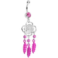 Pink Gem and Feathers Flowered Dreamcatcher Dangle Belly Ring