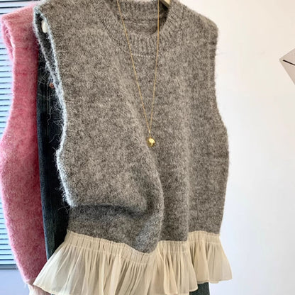 Women's Sweet And Soft Solid-Color Knitted With Ruffled Hemline Sweater Vest Waistcoat Top