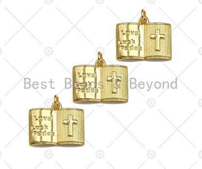 18K Dainty Gold Love Luck Cross On Book Shape Pendant/Charm,Book Medallion Charm, Necklace Bracelet Charm Pendant,20x16mm, Sku#LK255