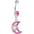 Pink Gem Paved Moon Crystalline Gem Celestial Star Dangle Belly Ring
