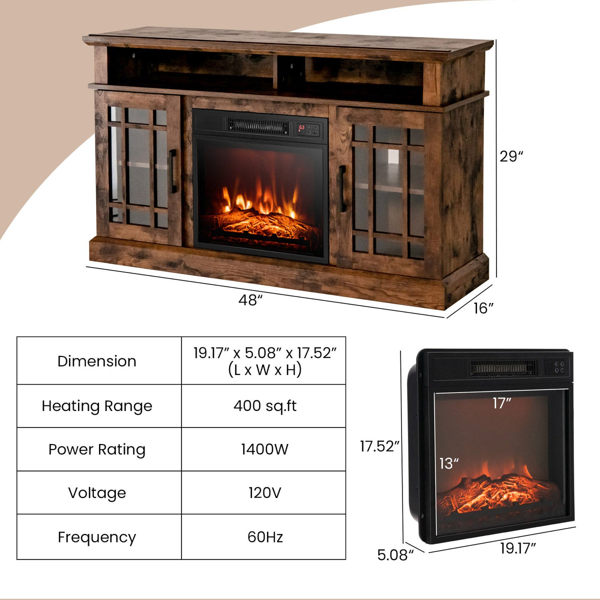 48 Inch Electric Fireplace TV Stand with Cabinets for TVs Up to 5