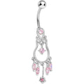 Pink Gem Pear with Dainty Rose Flower Dangle Belly Ring