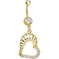 Gold Plated Clear Gem Hollow Heart Shell Dangle Belly Ring