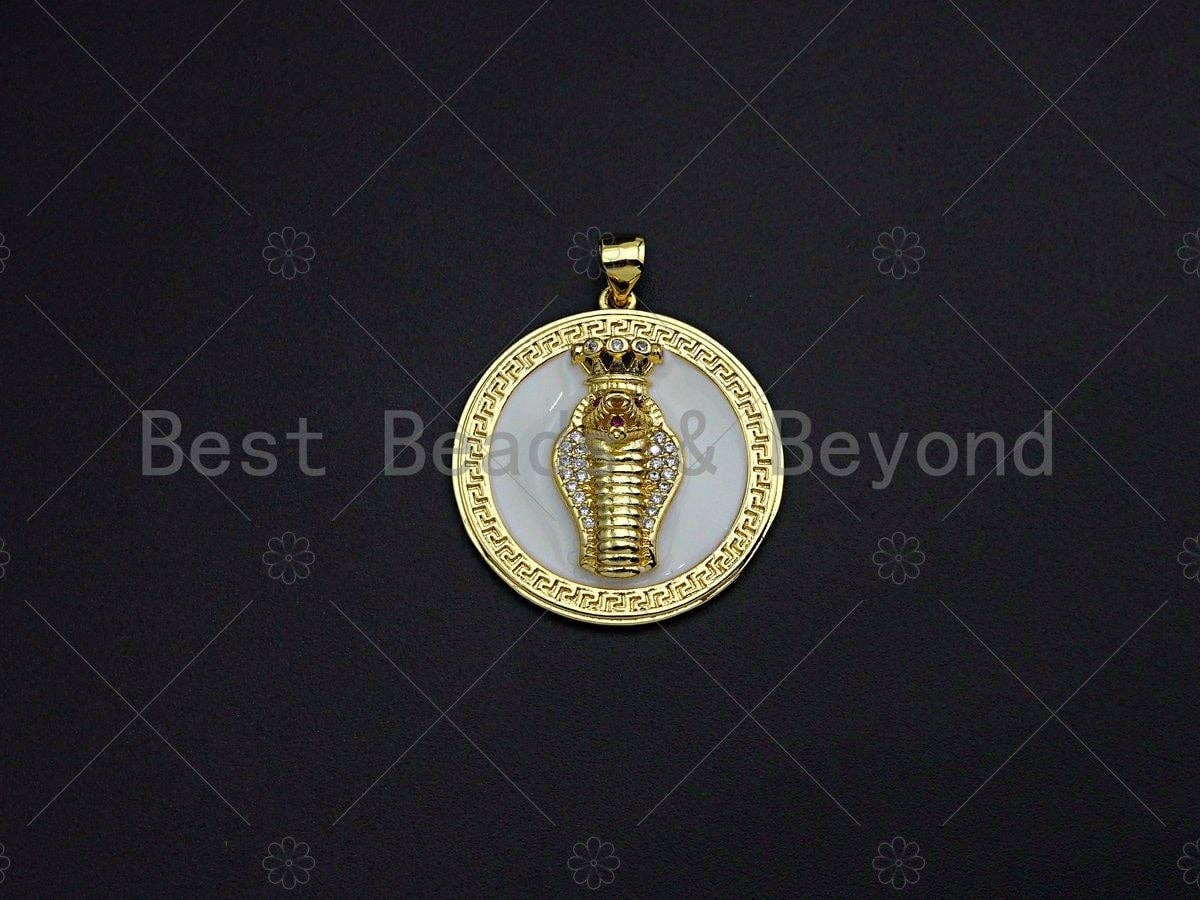 CZ Micro Pave Black/White Gold 3D King Cobra Head Pendant, Snake Medallion Charm, Roman Necklace Charm, Greek Coin Jewelry, 25mm, sku#LK01