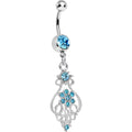 Aqua Gem Ensnared in Roots Flower Dangle Belly Ring