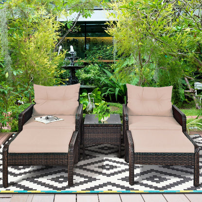 5 Pieces Patio Rattan Sofa Ottoman Furniture Set with Cushions-Black