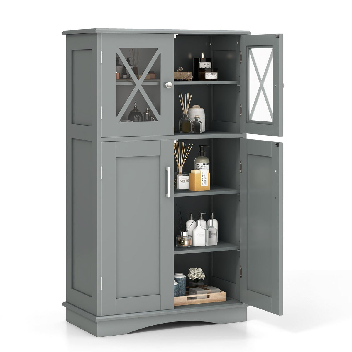 4 Doors Freeestanding Bathroom Floor Cabinet with Adjustable Shelves
