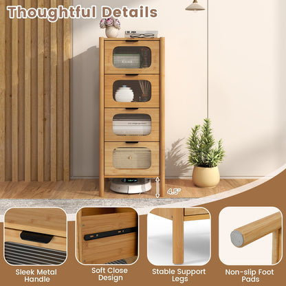 4-Drawer Dresser Bamboo Storage Cabinet with Fluted Tempered Glass Drawers-Natural