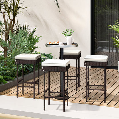 Patio Rattan Barstools Set of 2/4 with Footrest and Soft Cushions for Backyard Balcony-4 Pieces