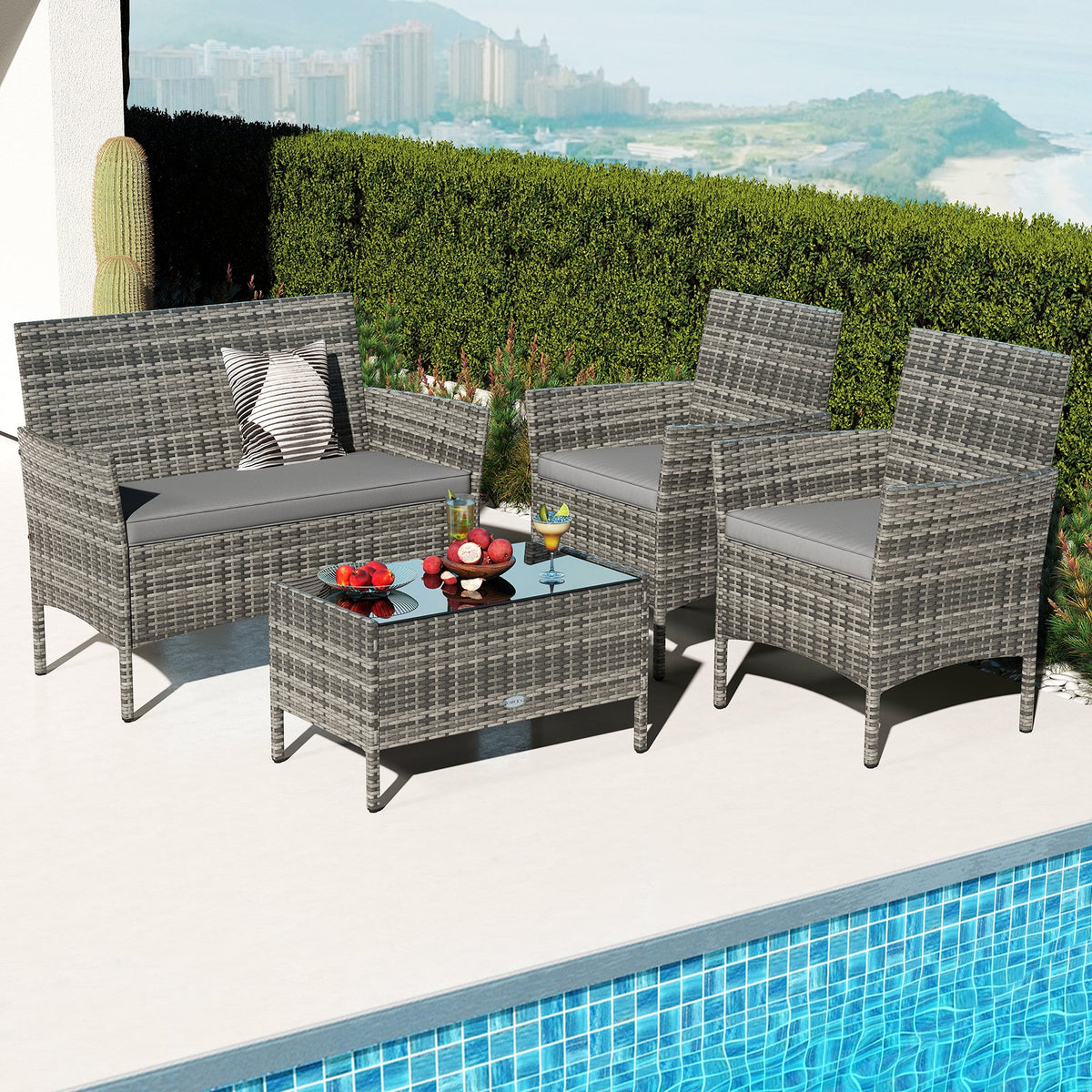 4 Pieces Patio Rattan Conversation Set with Tempered Glass Coffee Table