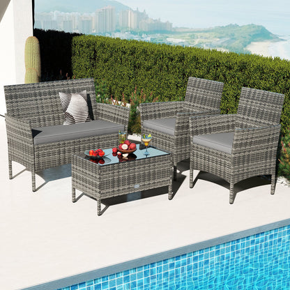 4 Pieces Patio Rattan Conversation Set with Tempered Glass Coffee Table