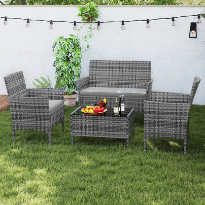 4 Pieces Patio Rattan Conversation Set with Tempered Glass Coffee Table