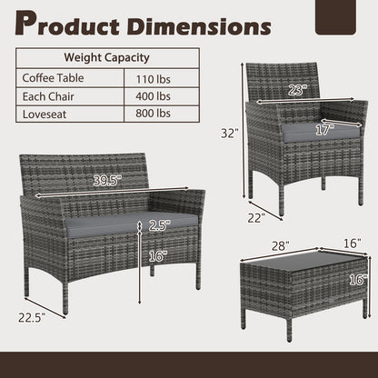 4 Pieces Patio Rattan Conversation Set with Tempered Glass Coffee Table