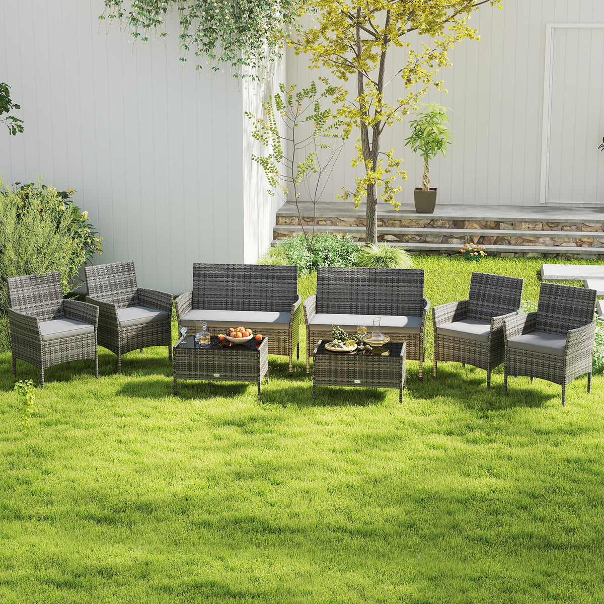 4 Pieces Patio Rattan Conversation Set with Tempered Glass Coffee Table
