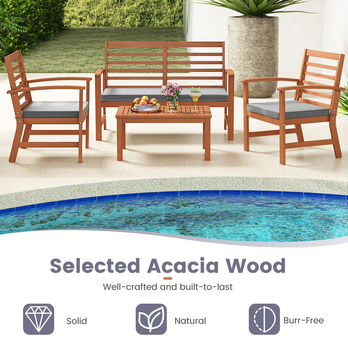 4 Pieces Outdoor Furniture Set with Stable Acacia Wood Frame