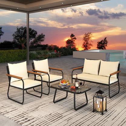 4 Pieces Patio Furniture Set with Tempered Glass Coffee Table