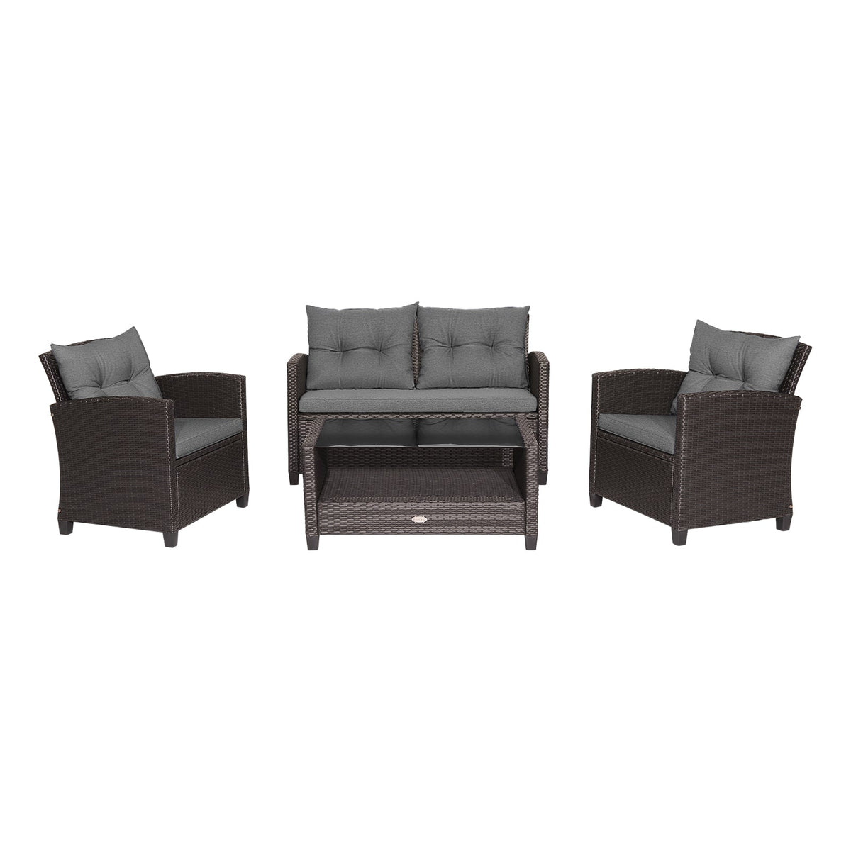 4 Pieces Patio Rattan Conversation Furniture Set with Glass Top Coffee Table-Gray