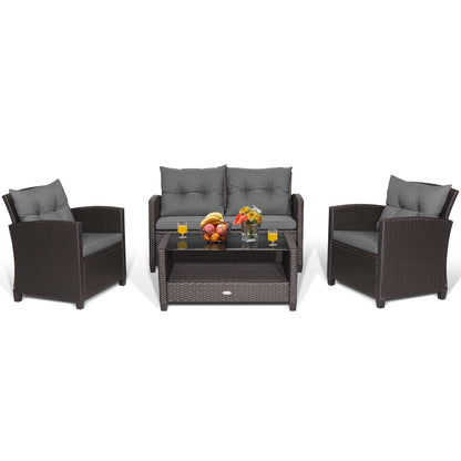 4 Pieces Patio Rattan Conversation Furniture Set with Glass Top Coffee Table-Gray