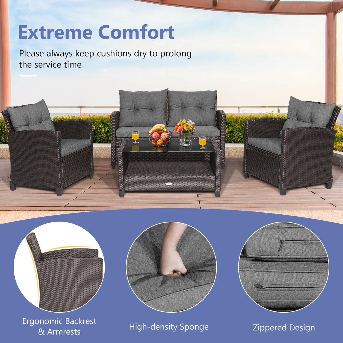 4 Pieces Patio Rattan Conversation Furniture Set with Glass Top Coffee Table-Gray
