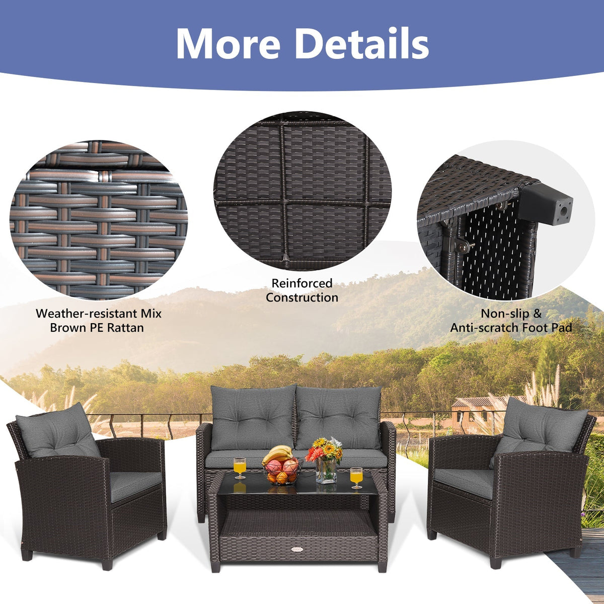4 Pieces Patio Rattan Conversation Furniture Set with Glass Top Coffee Table-Gray