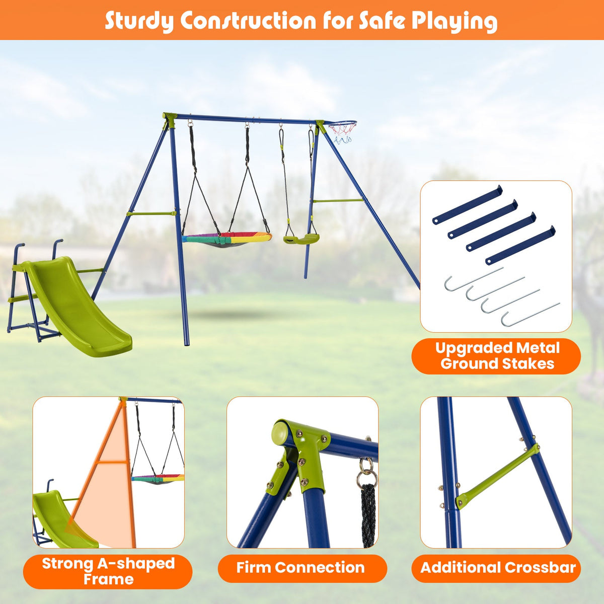 4-in-1 Heavy-Duty Metal Playset with Slide and Basketball Hoop