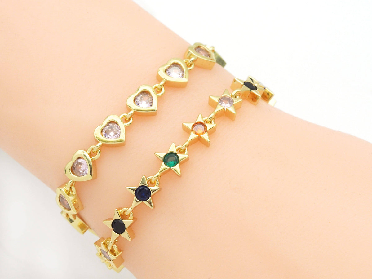 Colorful CZ Gold Star Heart Adjustable Bracelet, Sku#LD372