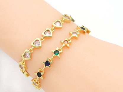Colorful CZ Gold Star Heart Adjustable Bracelet, Sku#LD372