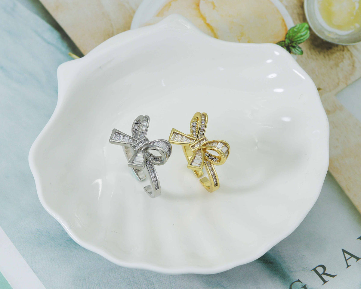 Gold Silver Baguette CZ Bow Shape Ring,Sku#X302