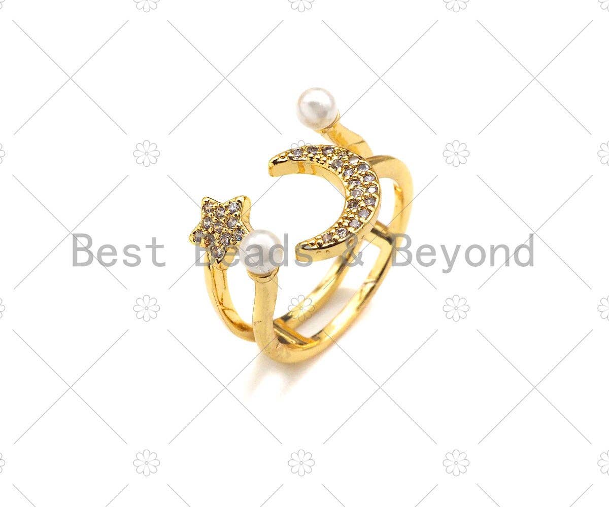 CZ Micro Pave Pearl Star Crescent Moon Ring, sku#LD81
