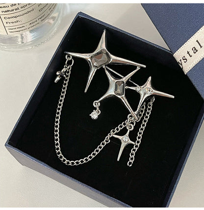 Four Eight-Pointed Stars Zircon Chain Brooch