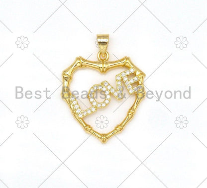 CZ Micro Pave Love On Heart Shape with Bamboo Frame Pendant,18K Gold Filled Heart Charm, Necklace Bracelet Charm Pendant,23x26mm,Sku#LK384