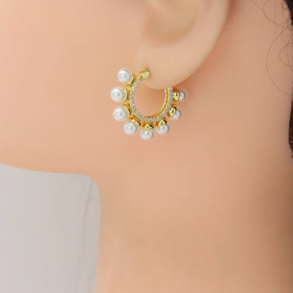 White Pearl CZ Around Hoop Earrings, Sku#A402