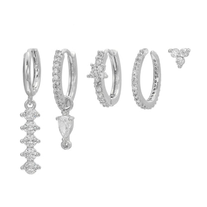 Multi Sets of Blue Flower Pierced Earrings, 4-6pcs, 18k Gold Plated Stud Drop Hoop Huggie Cuff Chain, S925 Needle