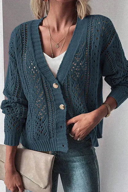 Dark Khaki Cardigan – Open Knit Drop Shoulder Sweater | Cotton-Acrylic Blend