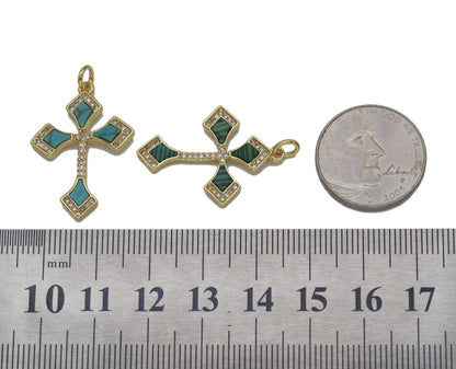 Gold CZ Turquoise/Malachite Cross Charm, Sku#L698
