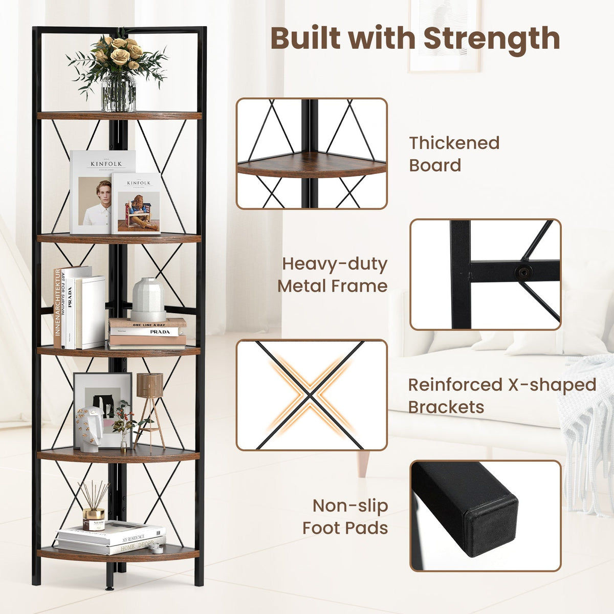 5-Tier Freestanding Corner Shelf 63 Inch Tall Storage Rack