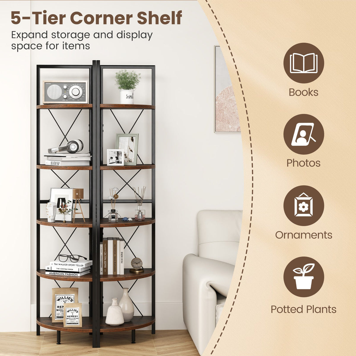 5-Tier Freestanding Corner Shelf 63 Inch Tall Storage Rack