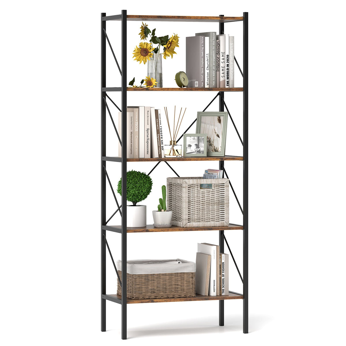 5-Tier Bookshelf with Open Shelves and Heavy Duty Metal Frame