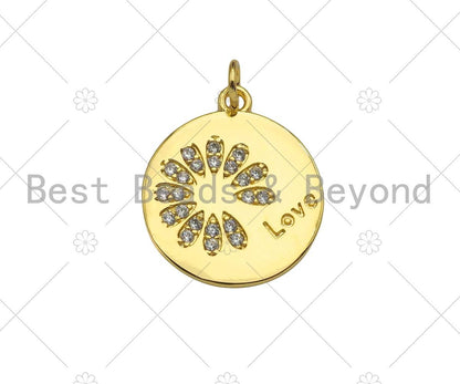 Gold Filled CZ Micro Pave Daisy Flower On Coin Shape Pendant,18K Gold Filled Lover Word Charm, Necklace Bracelet Charm,18x20mm,Sku#LK339