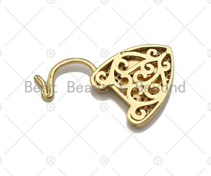 18K Gold Cross On Heart Fancy Lock Clasp, CZ Micro Pave Lock