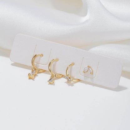 Stacking 4 Pieces Geometric Zircon Stud Earring Set, 18k Gold Plated Ear Studs and Drops, Trendy Sweet Cool Earrings, S925 Needle