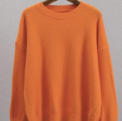 Womens Knitted Crew-neck Solid-color Loose Sweater