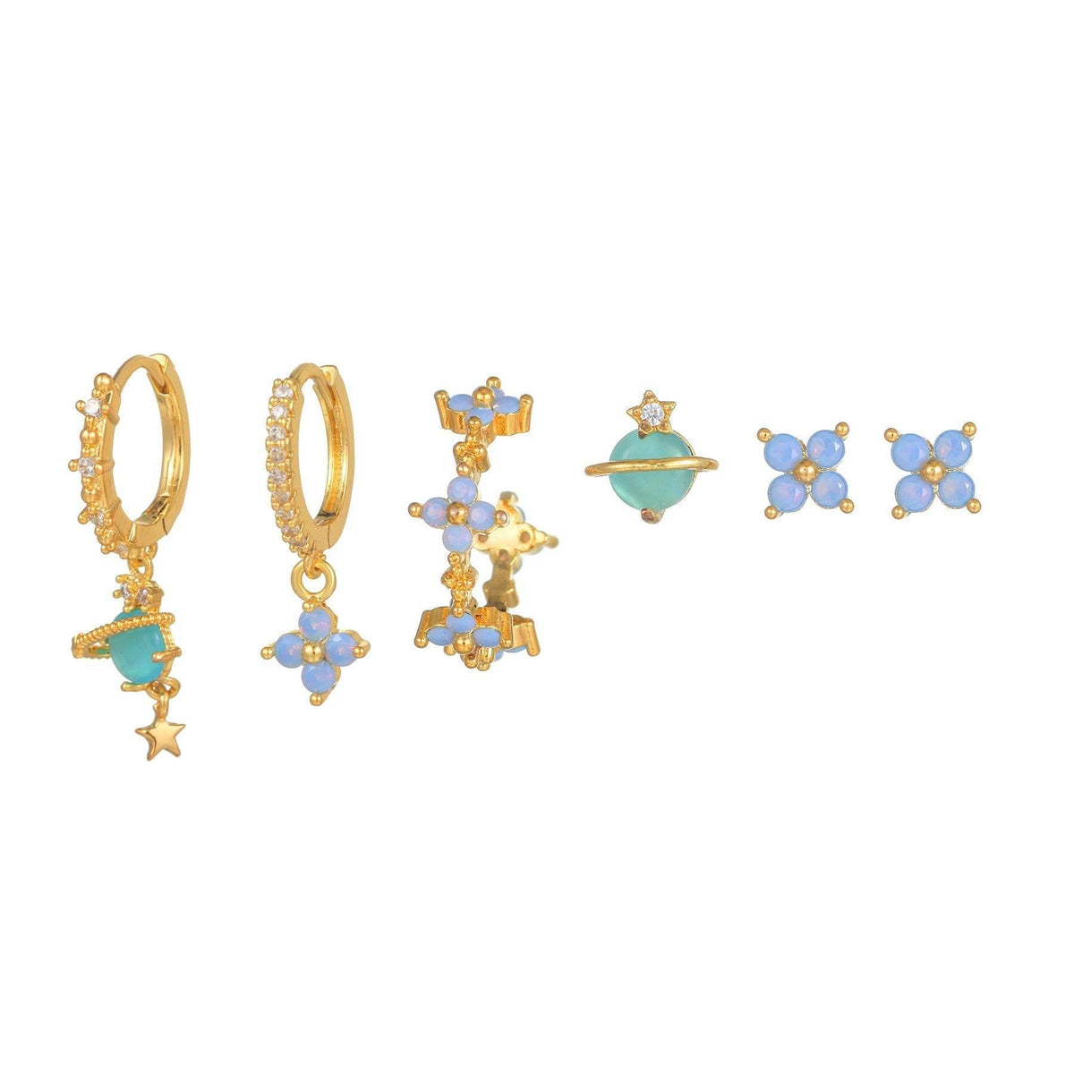 Multi Sets of Blue Flower Pierced Earrings, 4-6pcs, 18k Gold Plated Stud Drop Hoop Huggie Cuff Chain, S925 Needle