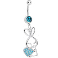 Aqua Cubic Zirconia Hugging Heart Bunny Dangle Belly Ring