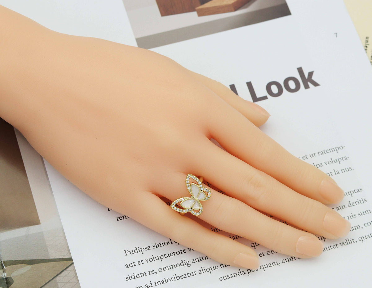 CZ Mother of Pearl Butterfly Adjustable Ring, Sku#LD264