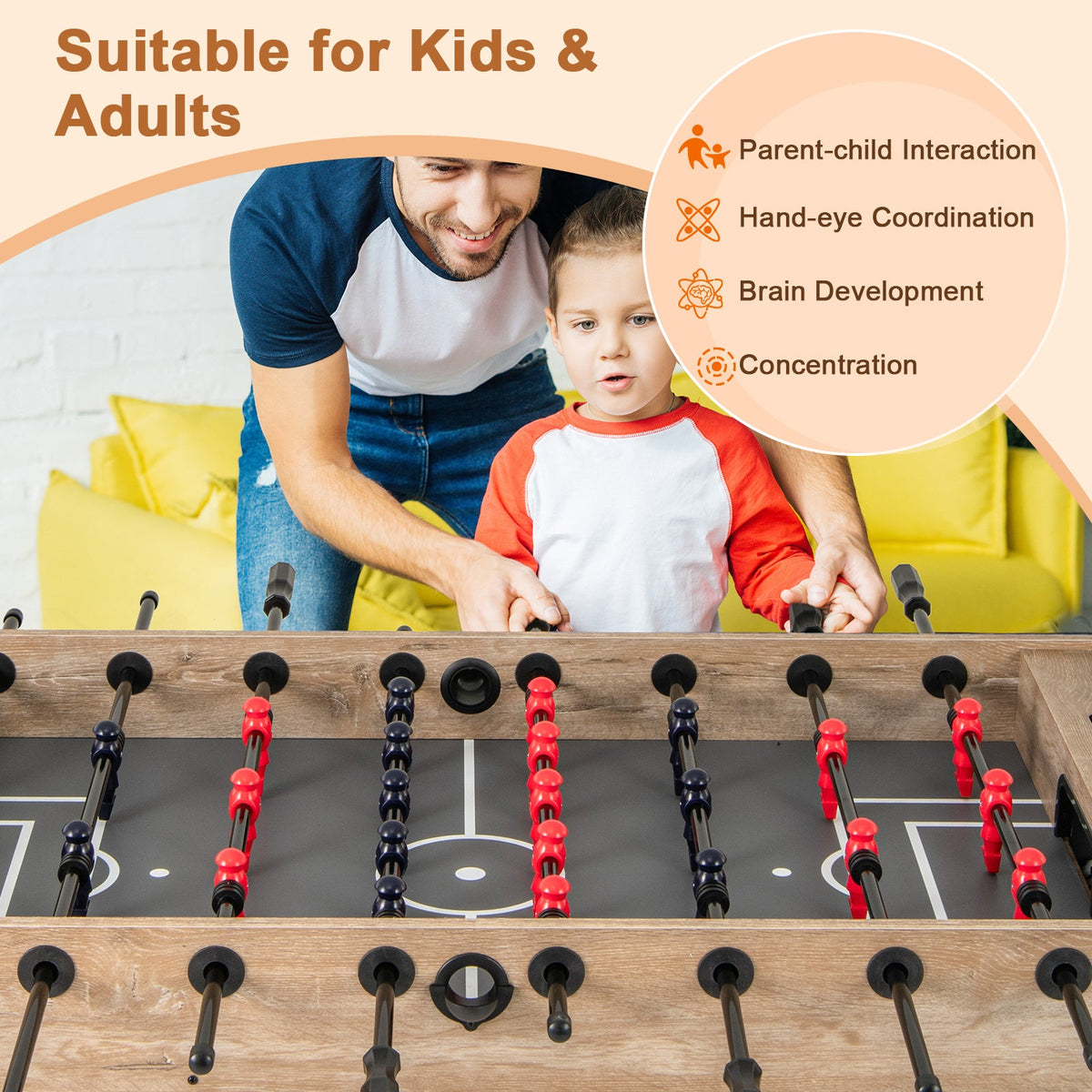 54 Inches Full Size Foosball Table with Legs 2 Balls and 2 Foldable Cup Holders for Kids Teens Adults-Natural