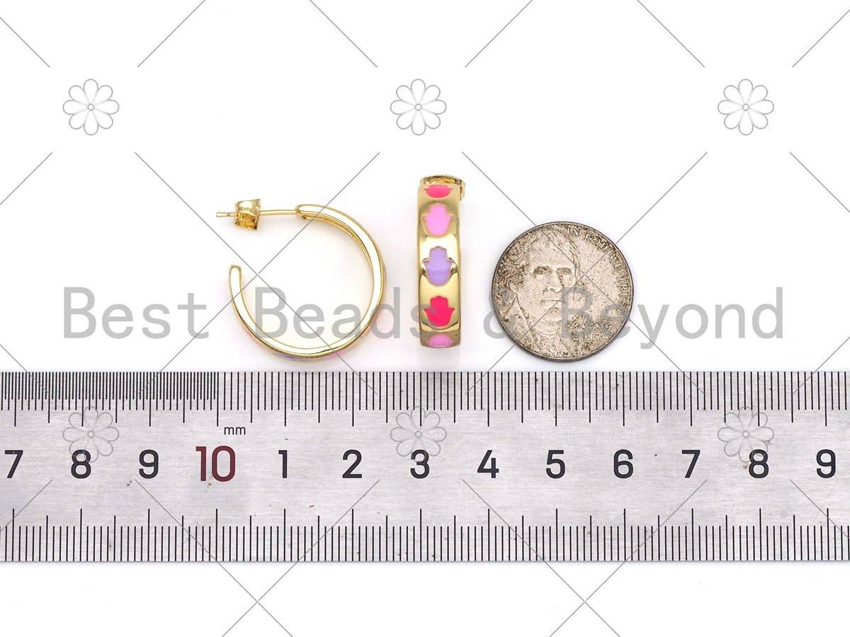 Enamel Hamsa Hand On Round Ring Shape Earrings, Sku#LD154